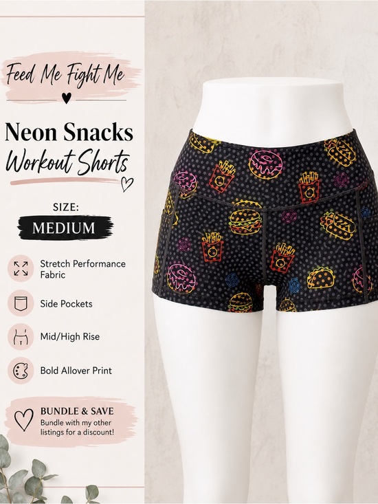 Feed Me Fight Me Pants - Feed me fight me medium Neon Snacks Workout Shorts - Black with Neon Print fmfm